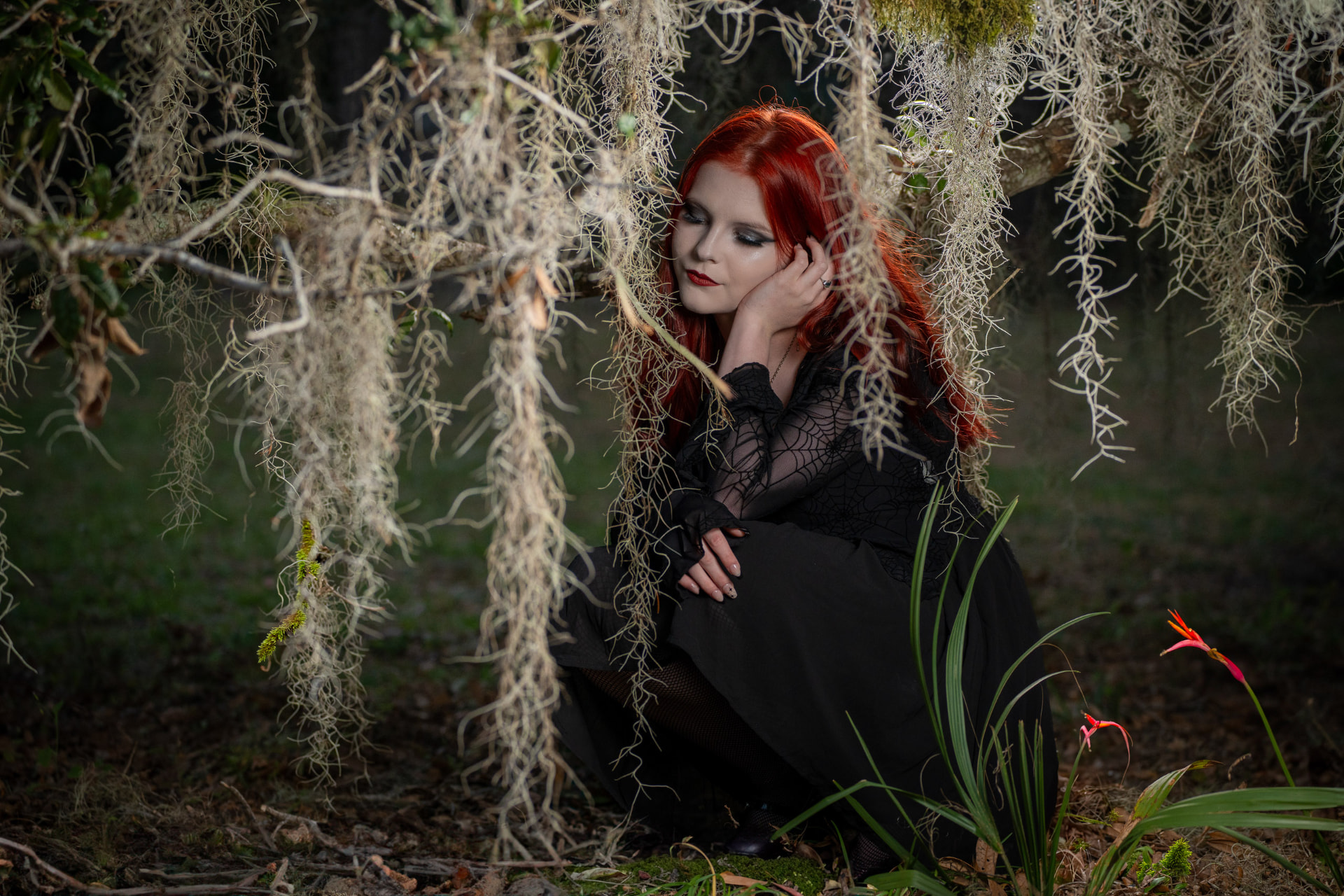 Red-haired woman in a black lace dress seated among draping Spanish moss and soft greenery